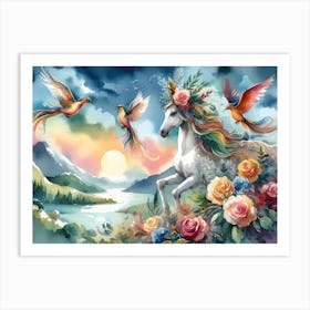 Unicorn With Birds Art Print