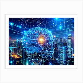 Digital Illustration Of A Human Brain With Circuit Board Patterns, Superimposed On A Nighttime Cityscape 1 Art Print