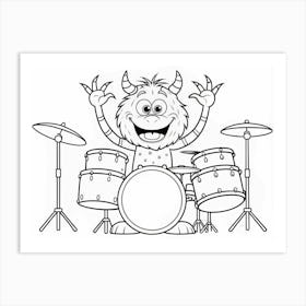 Black And White Cartoon Monster Playing Drums Art Print