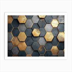 A Hexagonal Pattern On A With A Mix Of Metallic Gold And Dark Grey Textures 2 Art Print