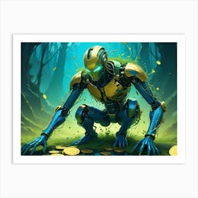 Blue And Yellow Robot Crouches Down, Collecting Glowing Bitcoin Coins Scattered In A Forest Clearing Art Print