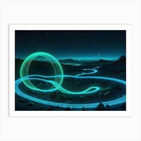 A Night Scene With A Luminous Green Ring, Created By Light Painting, Around A Rocky Mountain Path Art Print