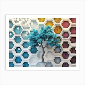 Oak And White Lattice Turquoise Tree Amid Colorful Dynamic Hexagons Art Print