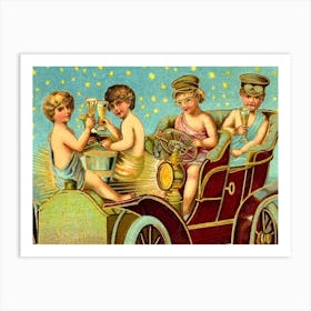 Kids In Old Timer Car, Vintage Holiday Poster Art Print