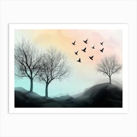 A 3d Landscape Featuring Black Trees and Birds Art Print