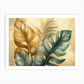 Vintage Tropical Green Brown Leaves, Beige Background, Golden Texture 6 Art Print