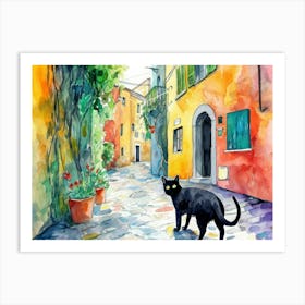 Black Cat In Reggio Calabria, Italy, Street Art Watercolour Painting 4 Art Print