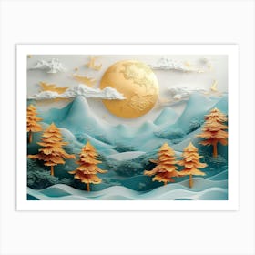 3d Modern Art Landscape Moon, Golden Christmas Trees, Colorful Mountains 2 Art Print