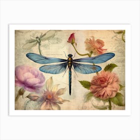 Dragonfly Botanical Vintage Illustration Pastel 3 Art Print