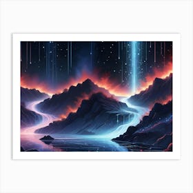 Surreal Landscape Illustration Of A Lake Surrounded By Rocky Mountains With A Bright Blue Waterfall Falling Down From The Sky, Surrounded By Swirling Lines Art Print