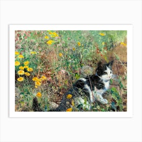 Cat on a Flowery Meadow 1887 by Bruno Liljefors HD Black and White Cat in Wildflowers Art Print