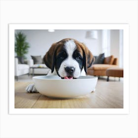 St. Bernard Puppy eating from a bowl 2 Art Print