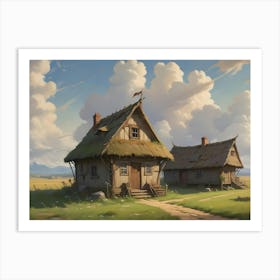 Two Small, Rustic Houses In A Grassy Field, Set Against A Background Of Mountains And Cloudy Skies, Capturing A Peaceful And Nostalgic Setting Art Print