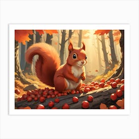 Red Squirrel Sitting On A Log Surrounded By Acorns In A Forest 9 Art Print