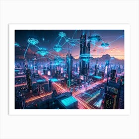 A Digital Painting Of A Globally Networked Cityscape Futuristic Ai Central Node Glowing With Connec (3) Art Print