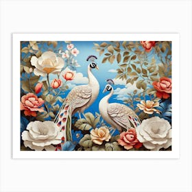 Peacocks And Roses Art Print