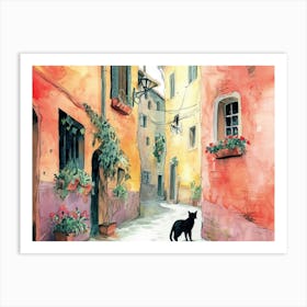 Black Cat In Perugia, Italy, Street Art Watercolour Painting 3 Art Print