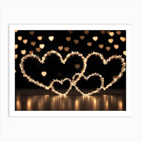 Two Intertwined Heart Shapes Made Of String Lights, Glowing Softly Against A Black Background With Out Of Focus Heart Shaped Bokeh Lights Art Print