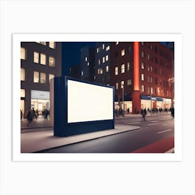 A Street Scene At Night With A Large, Blank Billboard On The Sidewalk Art Print