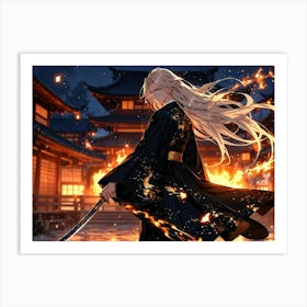 Anime - A Man with Sword at Burning Villages Art Print