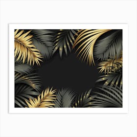 Gold Palm Leaves On Black Background 1 Art Print