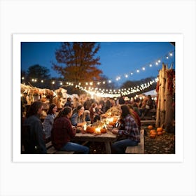 Autumn Festival Illuminated By String Lights Rustic Decorations Such As Dried Corn Husks Pumpkin A (4) Art Print