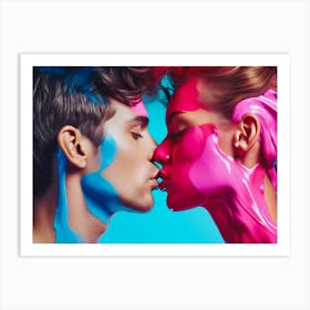 Two People Kissing On Blue Background with Painted Faces Art Print