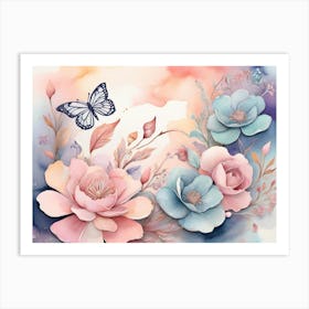 Pink And Blue Flowers With Butterfly Art Print