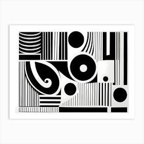 Retro Inspired Linocut Abstract Shapes Black And White Colors art, 218 Art Print