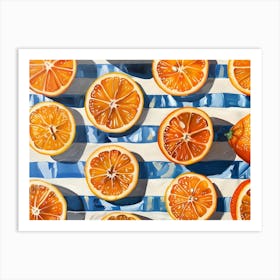 Oranges On A Blue And White Stripe Art Print