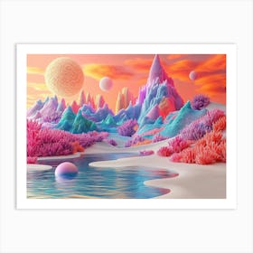 Vibrant 3d Landscape Art with Bright Coral Background and Fantasy Mountains Art Print