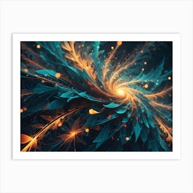 Swirling Abstract Design With Orange And Teal Floral Shapes, Emanating From A Central Point, With Shimmering Particles Art Print