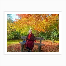 Elderly Woman Radiating Joy Seated On A Rustic Wooden Bench In A Lush Park Surrounded By A Kaleido (1) Art Print