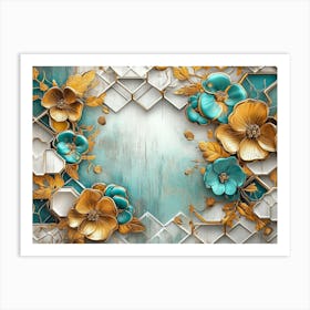 Gold And Turquoise Flowers Art Print