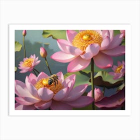 Bee On Lotus Art Print