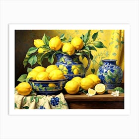 Lemons In Blue Jugs Art Print