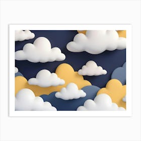 3d Rendering Of Cartoonish White Clouds Floating Over Blue And Yellow Hills Against A Dark Blue Background Art Print