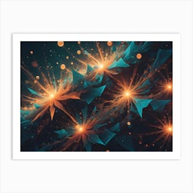 Abstract Background With Glowing, Fractal Generated Flowers In Orange And Teal Colors, Scattered Across A Dark Backdrop Art Print