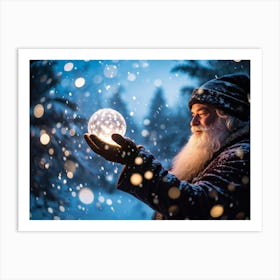 A Snowy Holiday Evening Time Scene Featuring A Man Holding A Luminous Orb That Glimmers With Encapsu (3) Art Print