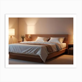 A Bedroom With A Wooden Bed Frame, White Bedding, And A Bedside Table With Lamps Art Print