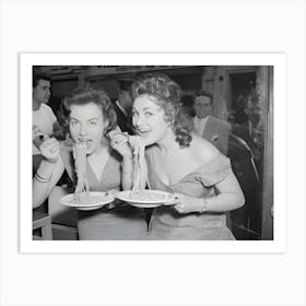 Mirv Arvinen Miss Finland 1955 And Sohos Fair Queen Andria Loran Try Their Hand At Scoffing A Plate Of Pasta At The Soho Fair Spaghetti Eating Art Print