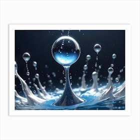 A Close Up Image Of A Water Drop Creating A Dramatic Splash With Smaller Droplets Flying Around It, Creating A Sense Of Energy And Movement Art Print