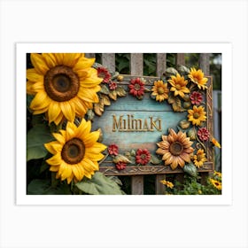 Closeup Of An Ornamental Wooden Signboard Propped Against A Rustic Fence Bright Yellow Sunflowers B (5) Art Print