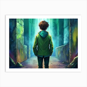 A Man Walking Towards A Bright Light In A Stone Corridor Art Print