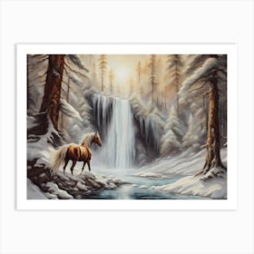 Horse By The Waterfall - Ai Art Print