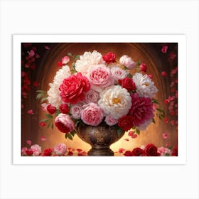 Digital Art Of A Large Vase Brimming With Roses And Peonies Bathed In Soft Lighting Palette Of Ric Art Print