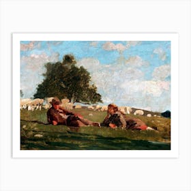 Man and Woman Relaxing in a Field Vintage 19th Century Oil Painting Art Print