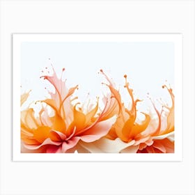 Two Orange And Pink Abstract Shapes Resembling Flowers, Created By Splashes Of Liquid, Against A White Background Art Print