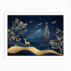 Christmas Tree With Deer Art Print