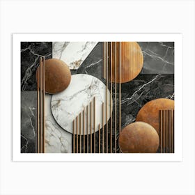 3d Golden Lines, Marble, Wooden, And Black Shapes Art Print